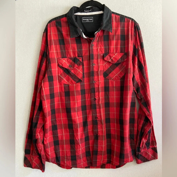 Sovereign Code red black plaid button long sleeve cotton shirt  Sz XL - Picture 1 of 7